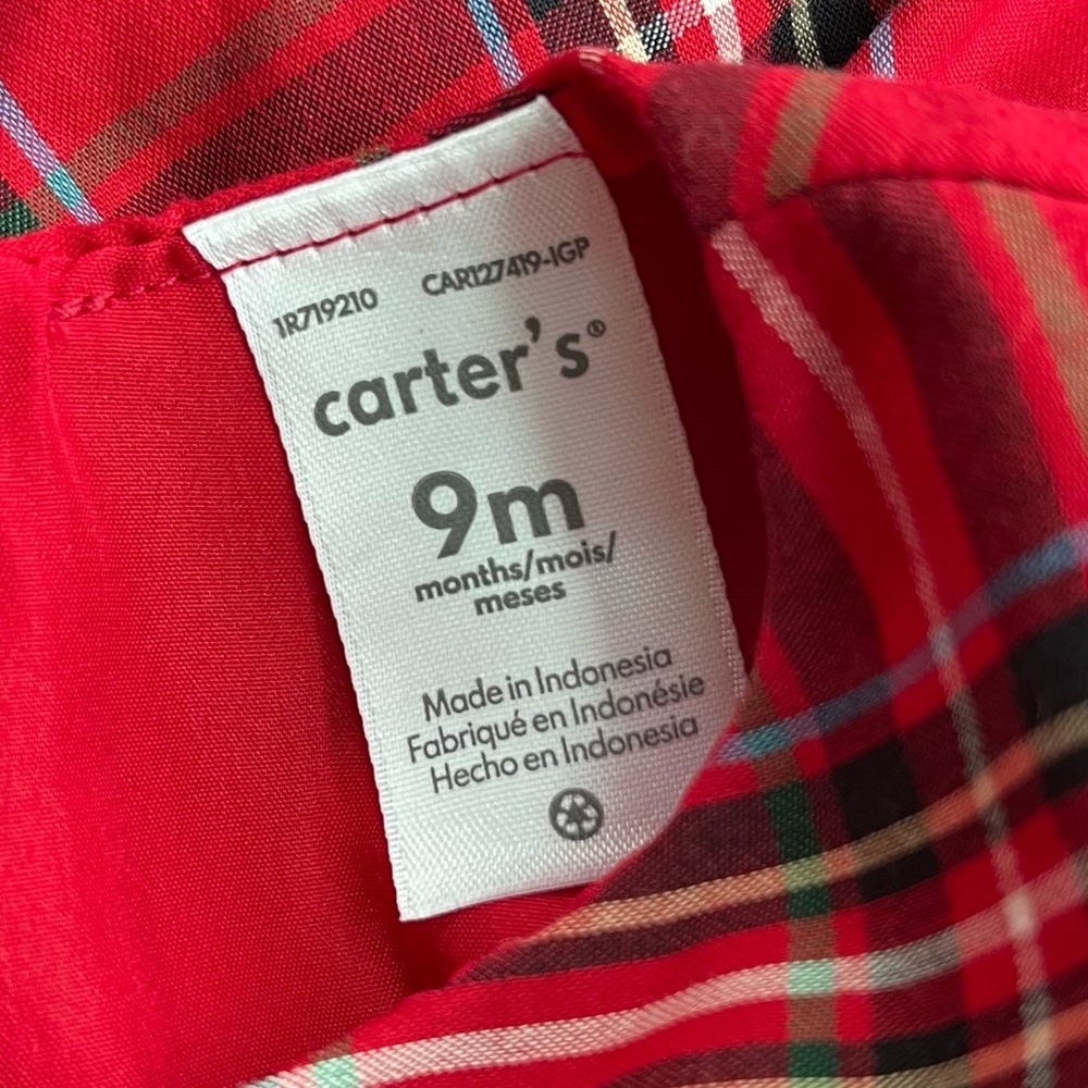 Carters Baby Girl 9M Red Tartan Plaid Dress Black Bow Waistband Tulle UnderSkirt - Picture 8 of 10